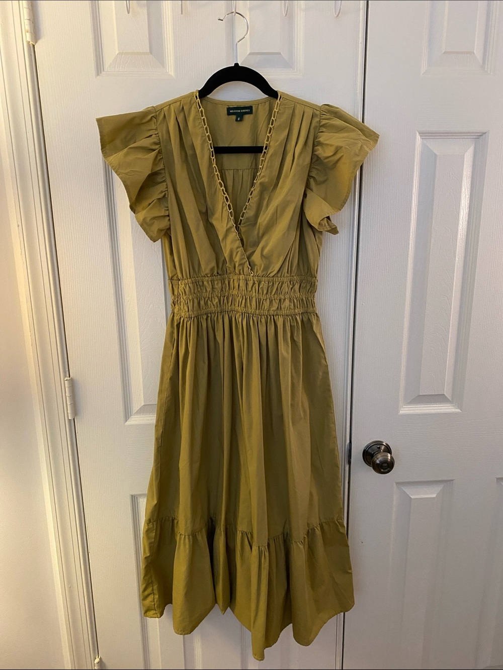 Meadow Rhodes Olive Ruffle-Sleeve Smocked Midi Dress